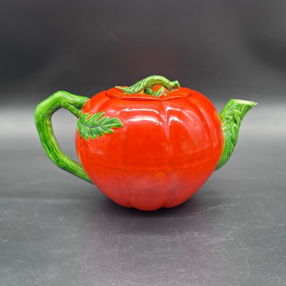 Vintage Tomato Teapot 1950s Japan Kitschy Ceramic Red Green Kitchen Retro Veggie - Picture 4 of 11